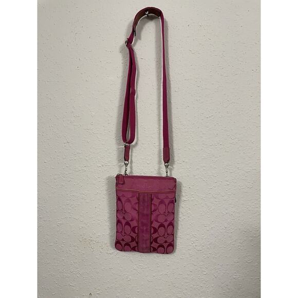 Vintage Y2K 90s Coach Signature Small Leather Crossbody Shoulder Bag Canvas Pink - Picture 5 of 14